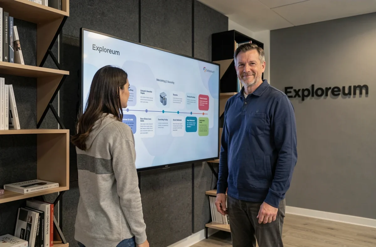Équipe de l'agence Exploreum présentant une stratégie de communication immersive sur grand écran