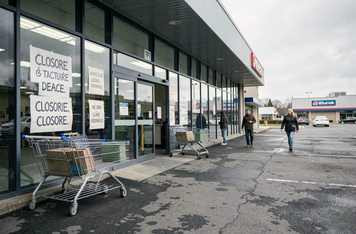 Devanture d'un grand magasin discount fermé avec des affichages de liquidation visibles depuis le parking