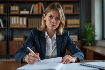 Femme d affaires en costume examinant des papiers