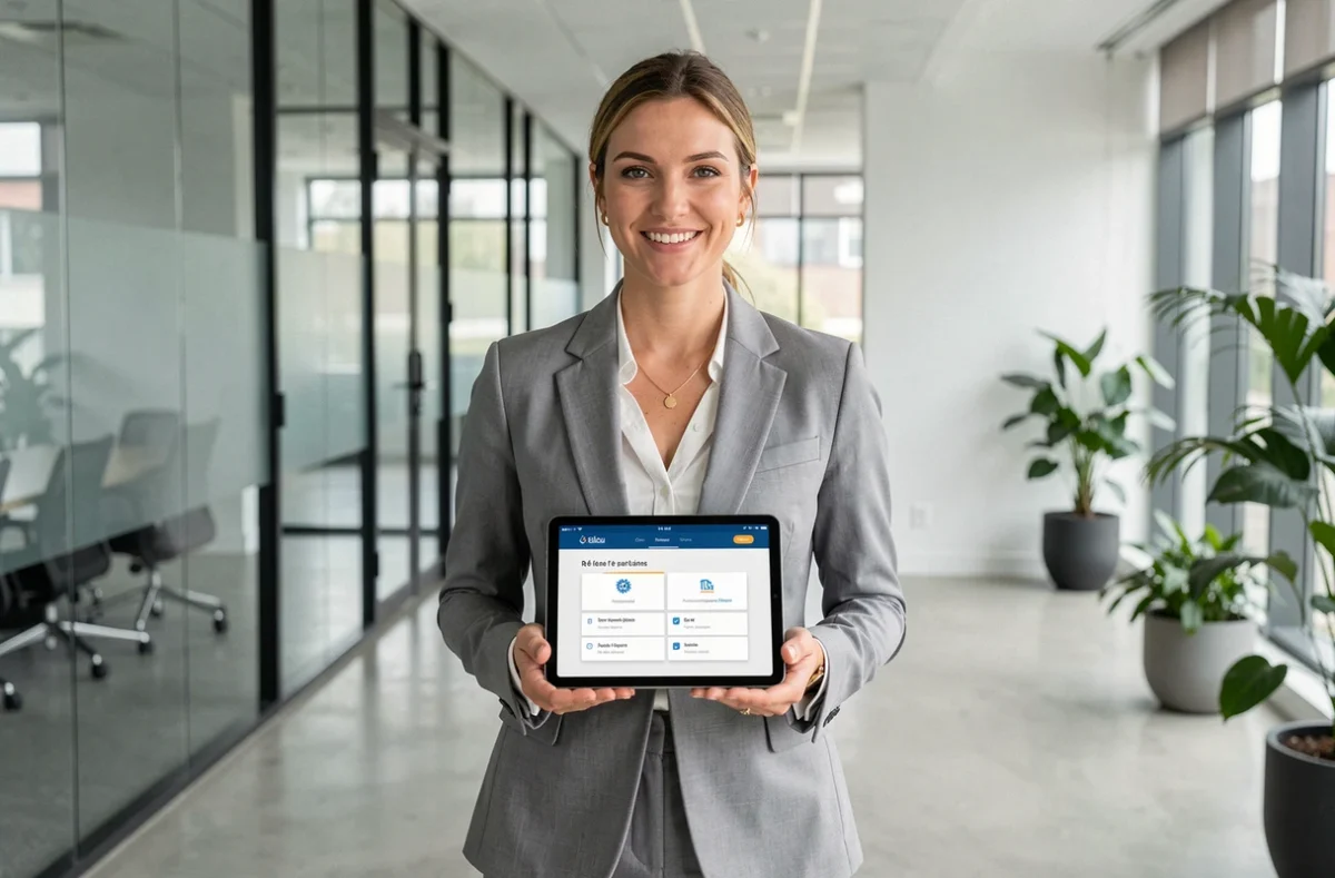Femme d'affaires française utilisant une plateforme d'annuaires d'entreprises françaises sur une tablette dans un bureau moderne