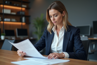 Femme d'affaires en réunion avec documents importants