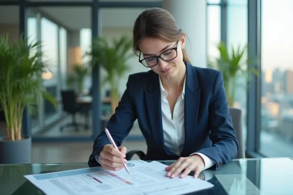 Femme d affaires en costume bleu examine des documents financiers