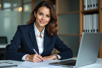 Jeune femme d'affaires signant un document dans un bureau moderne