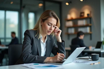 Femme d affaires concentr&eacute;e sur un tableau de bord financier