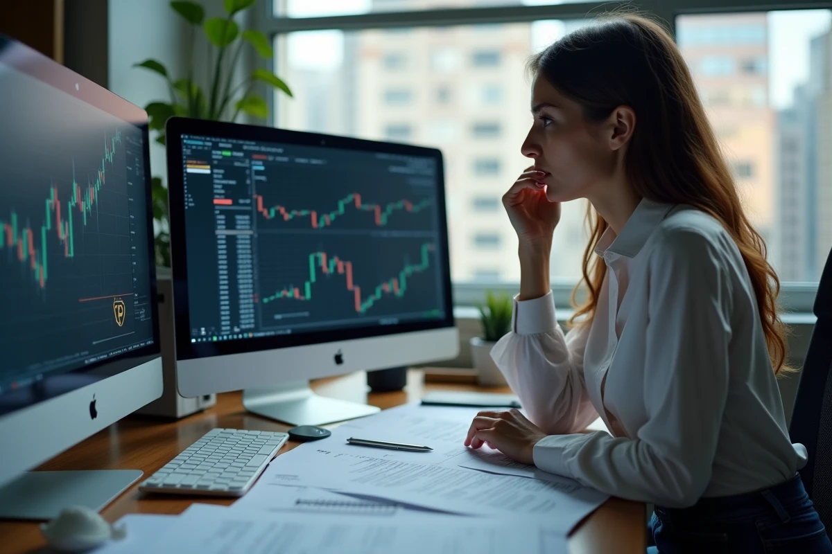 Femme pensive examinant documents crypto au bureau