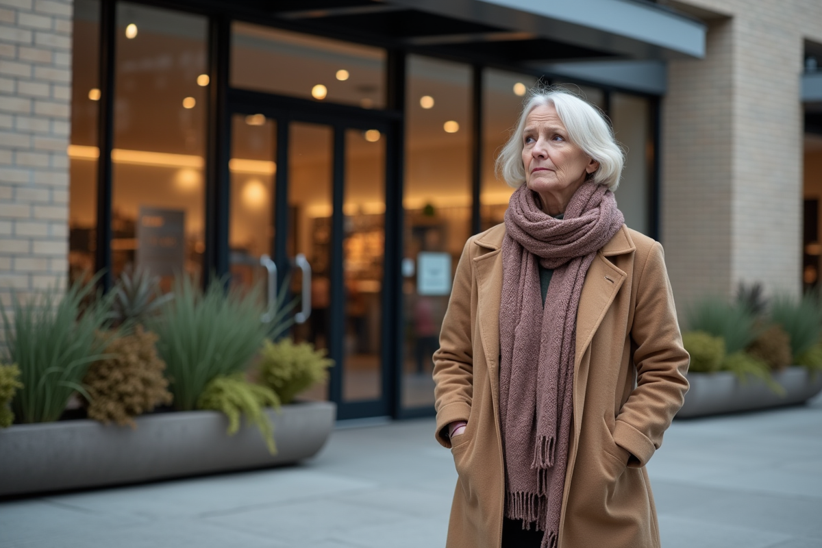 Femme d'âge moyen devant un magasin fermé le dimanche