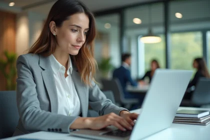 Femme professionnelle connect&eacute;e &agrave; son espace MyPeopleDoc sur un ordinateur portable au bureau