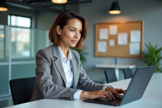 Femme au bureau utilisant un CRM en mode collaboratif