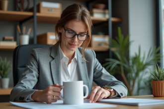 Femme d affaires comptant des objets promotionnels au bureau