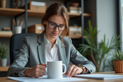 Femme d affaires comptant des objets promotionnels au bureau