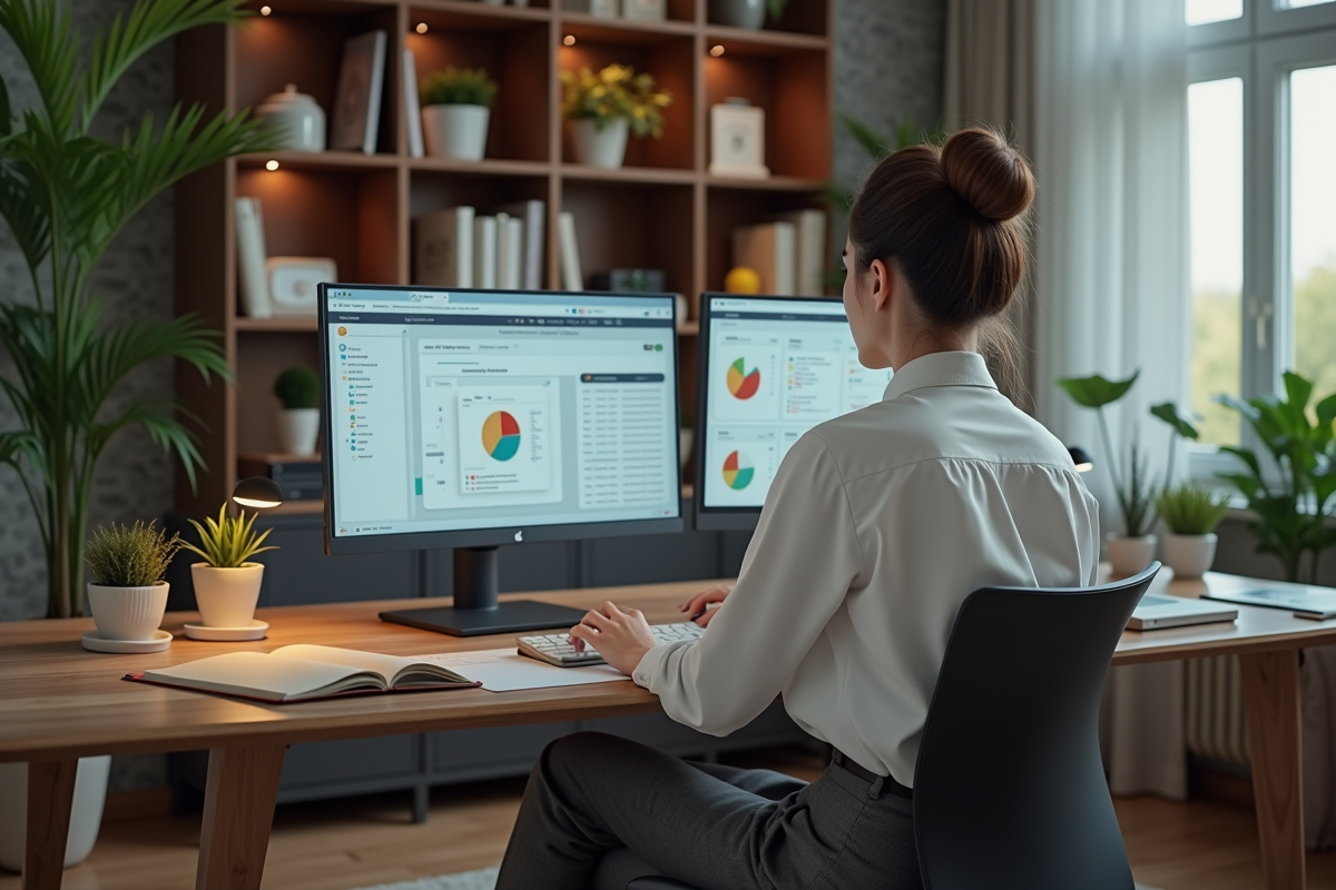Femme concentrée utilisant un logiciel sur un grand écran
