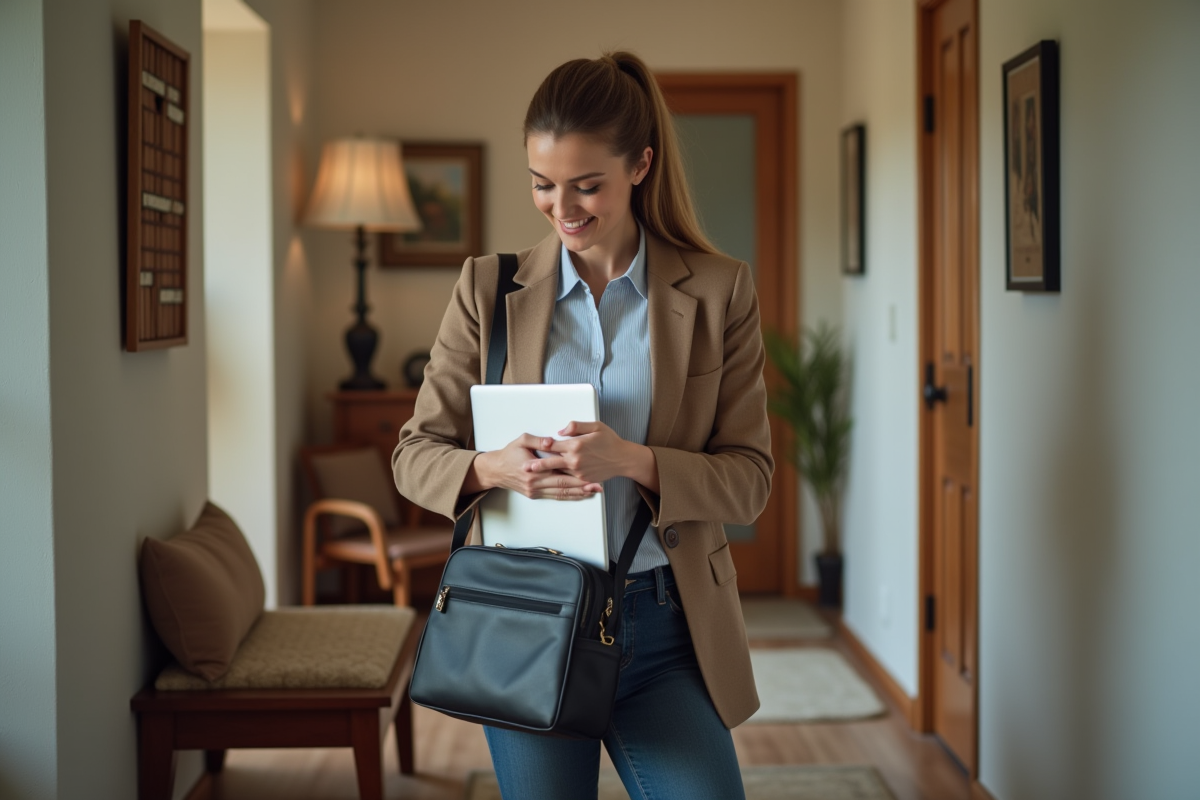 Femme professionnelle range son ordinateur dans son sac à la maison