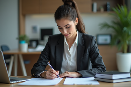 Femme professionnelle en bureau avec liste d'objectifs