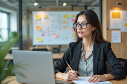Jeune femme au bureau avec plan marketing et tableau blanc