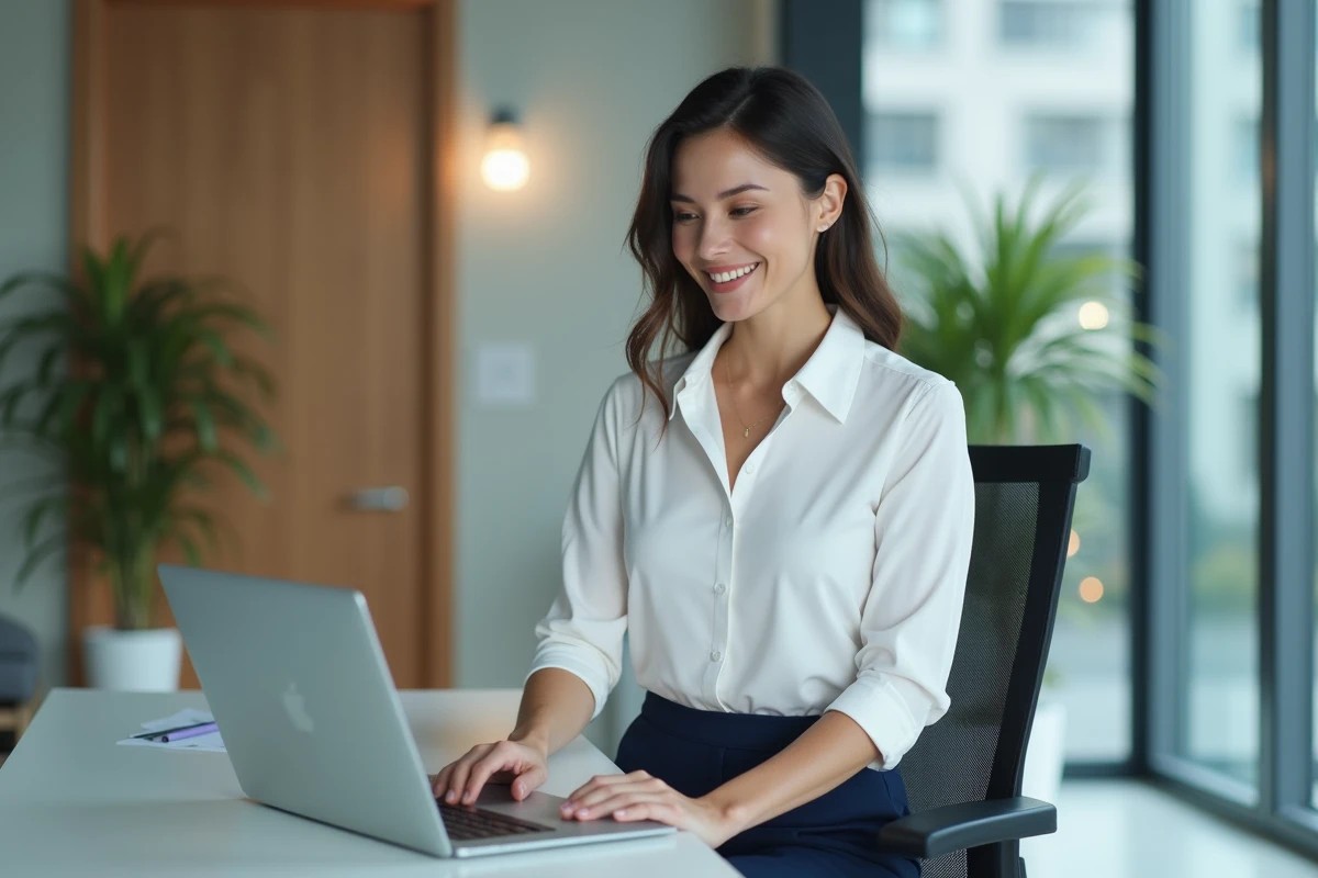 Femme professionnelle au bureau avec ordinateur moderne
