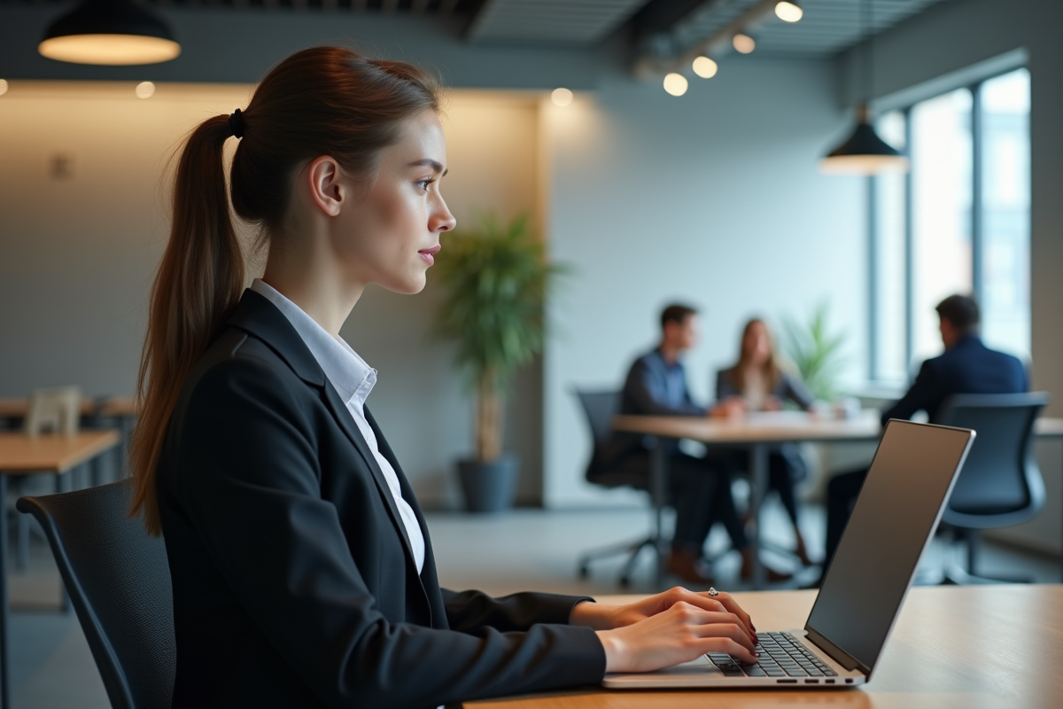 Jeune femme professionnelle au bureau avec ordinateur