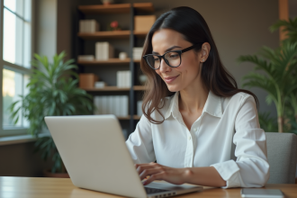 Femme professionnelle en visioconference à son bureau
