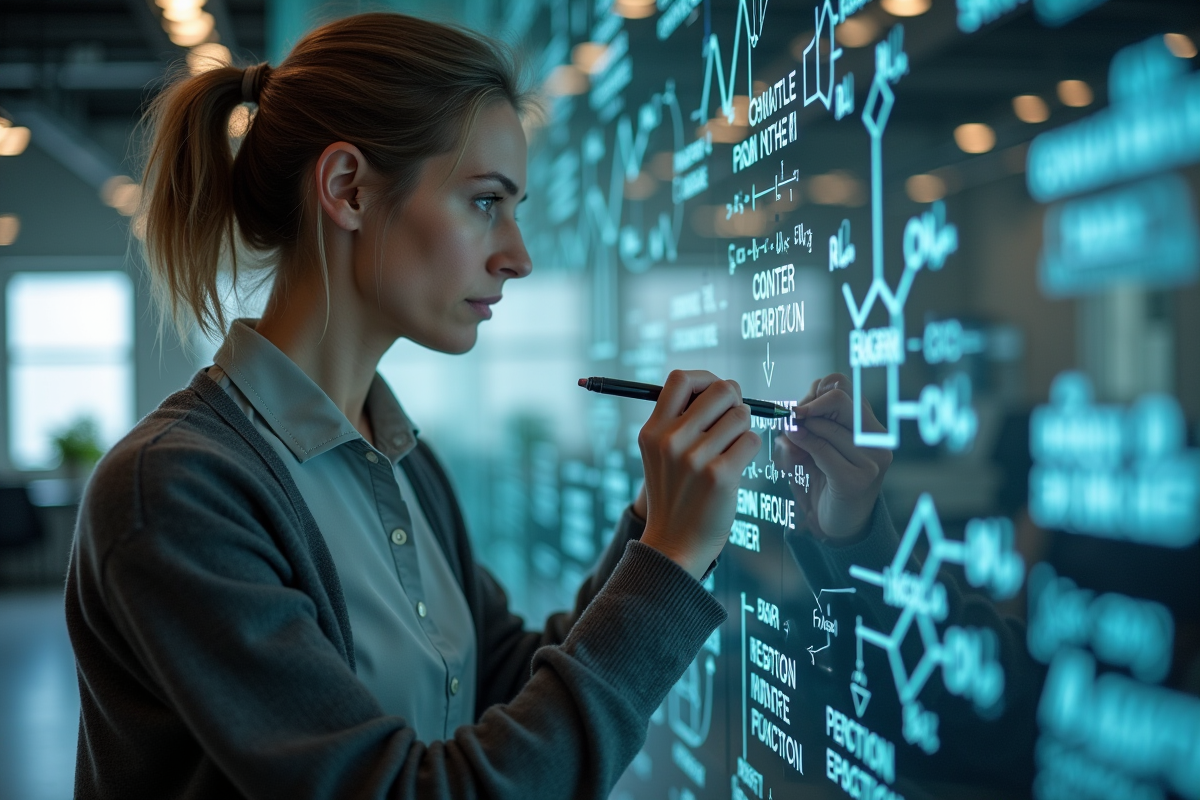 Femme concentrée écrivant sur un mur de formules chimiques