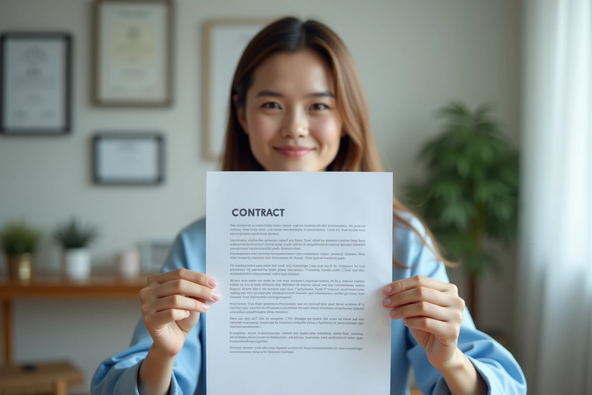 Jeune femme tenant un contrat dans un bureau &agrave; domicile