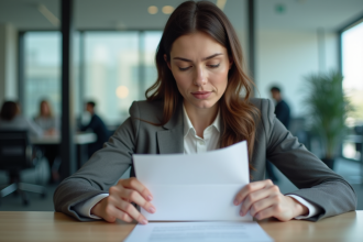 Femme en départ de travail avec lettre de démission