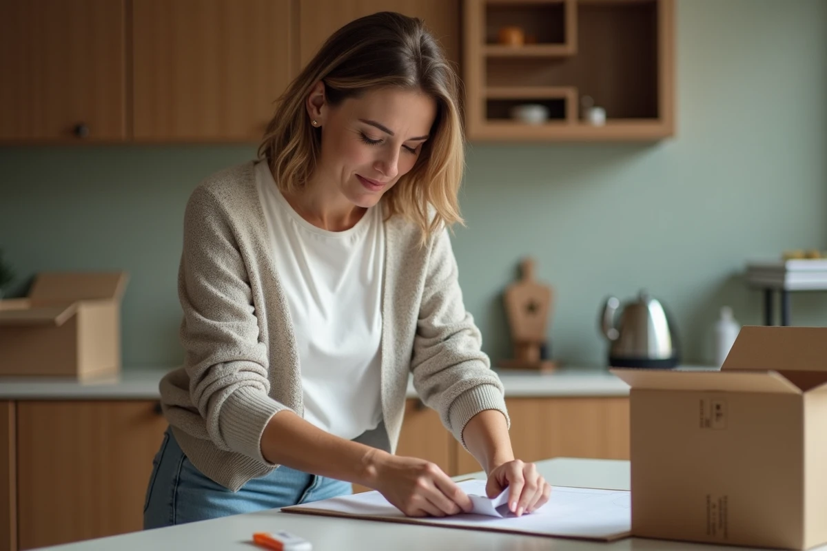 Femme ployant des emballages dans une cuisine chaleureuse
