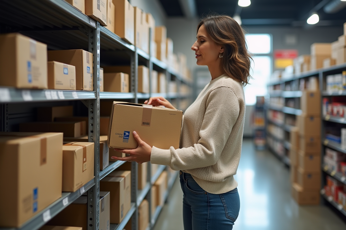 Femme examinant des cartons USPS en magasin