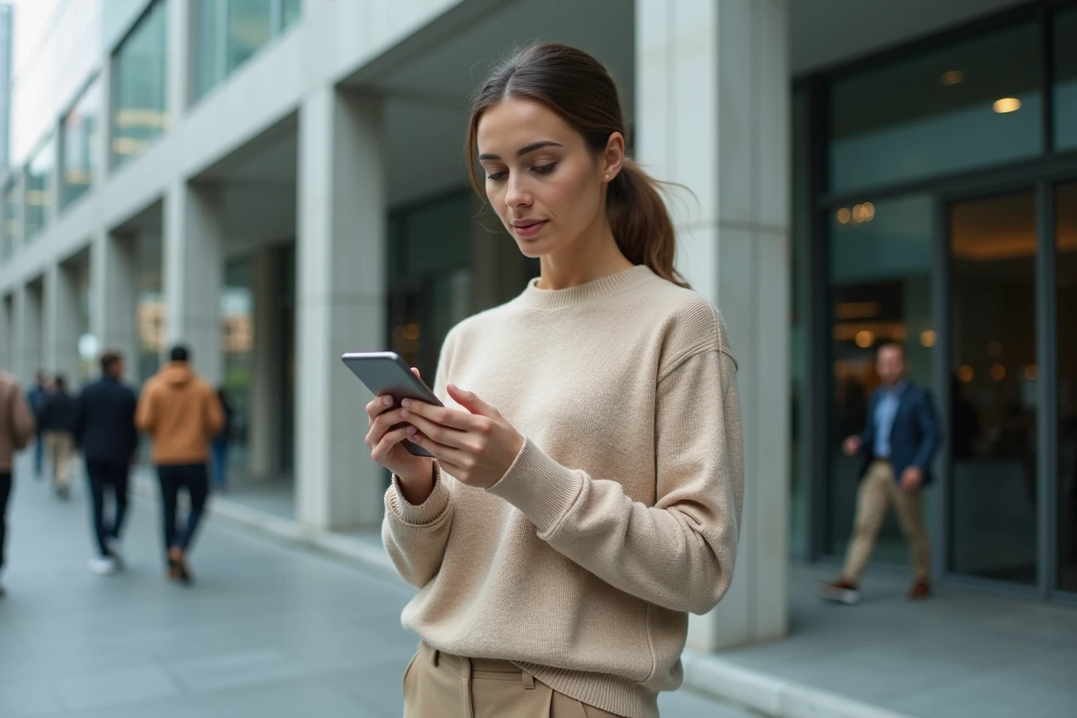 Femme entrepreneure dehors devant un bâtiment moderne