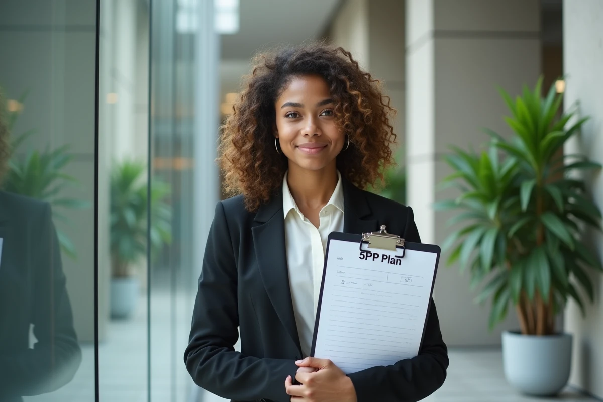 Femme &eacute;tudiante confiante avec un plan dans un atrium universitaire