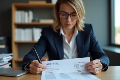 Femme professionnelle en blazer examinant une facture acquitt&eacute;e tamponn&eacute;e dans un bureau moderne