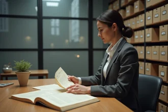 Femme d'affaires étudie des documents historiques dans un bureau moderne