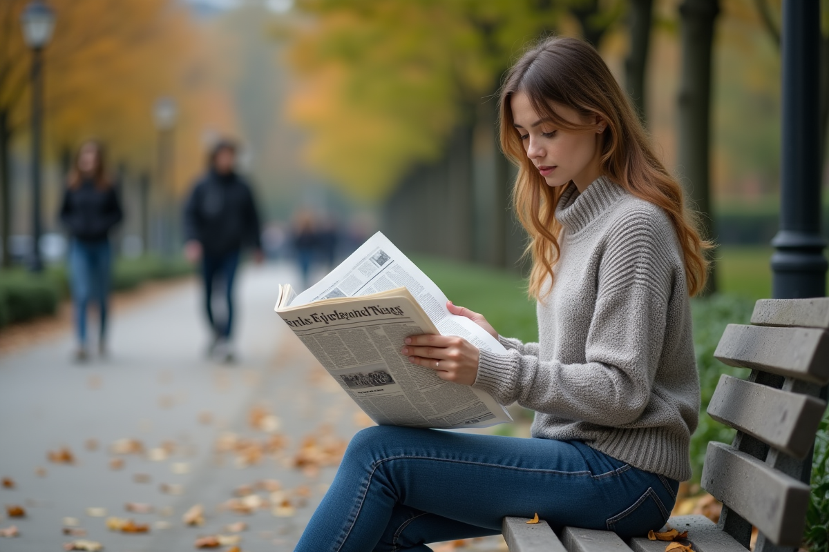 Jeune femme lisant un journal dans un parc urbain