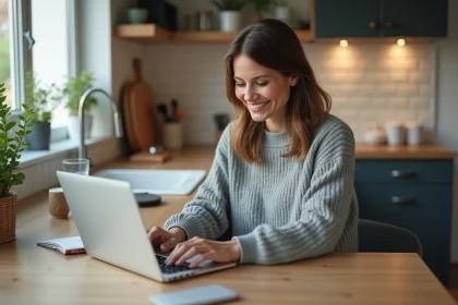 Femme souriante lisant des avis clients à la maison