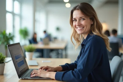 Femme utilisant un chat en direct sur son ordinateur portable dans un bureau moderne pour améliorer le service client d'un site ecommerce
