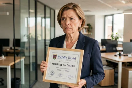 Femme professionnelle tenant une médaille du travail encadrée dans un bureau d'entreprise moderne, illustrant les erreurs à éviter lors de la demande de médaille du travail