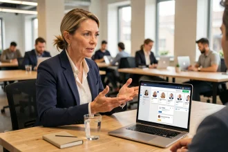 Professionnelle utilisant une plateforme de networking B2B sur ordinateur portable dans un espace de coworking moderne