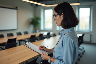 Femme en réunion examinant une liste de prix dans un bureau moderne