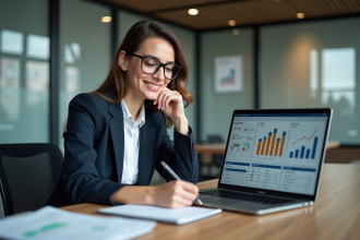 Femme professionnelle en réunion d'audit avec laptop