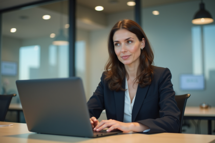 Femme professionnelle au bureau regardant son profil