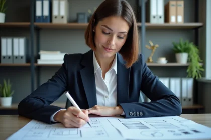 Femme professionnelle en bureau moderne avec documents