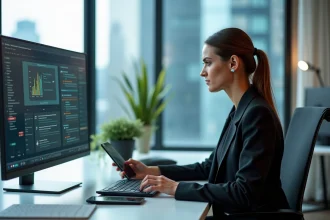 Femme d affaires concentrée devant un grand écran d ordinateur