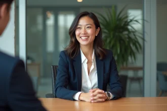 Femme confiante en réunion dans un bureau moderne