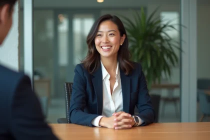 Femme confiante en r&eacute;union dans un bureau moderne