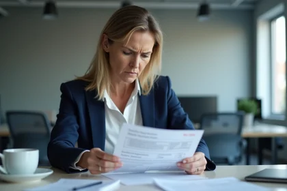Femme professionnelle frustrée examinant un formulaire administratif avec des erreurs dans un bureau moderne