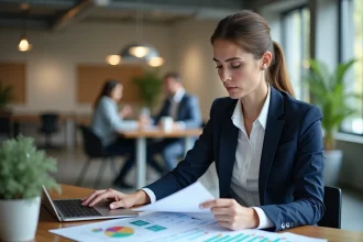 Femme professionnelle en blazer marine consultant une stratégie B2B sur ordinateur dans un espace de coworking moderne