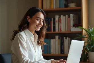 Femme consultant une liste de marques françaises sur un site internet depuis son bureau à domicile