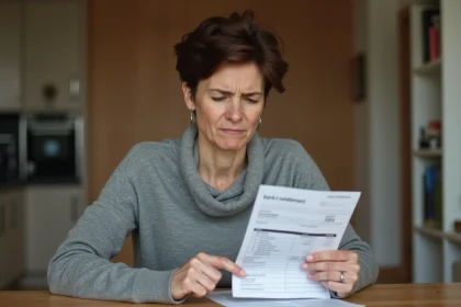 Femme consultant un relev&eacute; bancaire avec une transaction inconnue INFINITE Remit Services