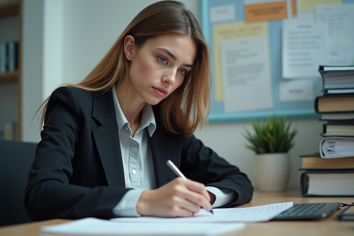 Jeune femme au bureau remplissant un formulaire dans un centre emploi