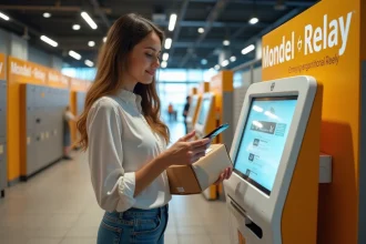 Femme scannant un colis dans un point relais moderne