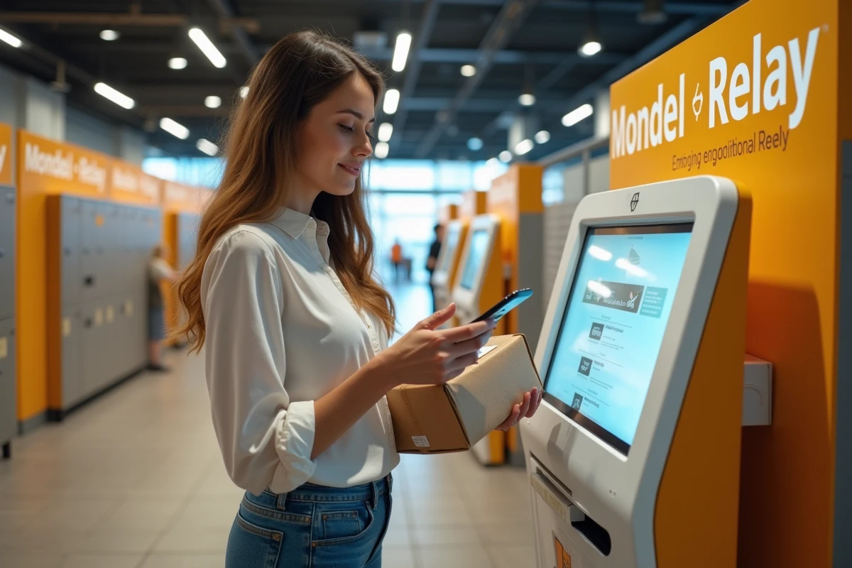 Femme scannant un colis dans un point relais moderne