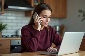 Femme au smartphone dans une cuisine moderne